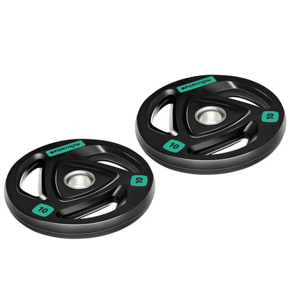 Two 10Kg Olympic Weight Plates, Tri-Grip Barbell Weights Set, with 5Cm Holes